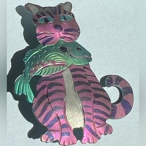 Niobium Colorful Pink & Green Striped Cat and Fish Brooch